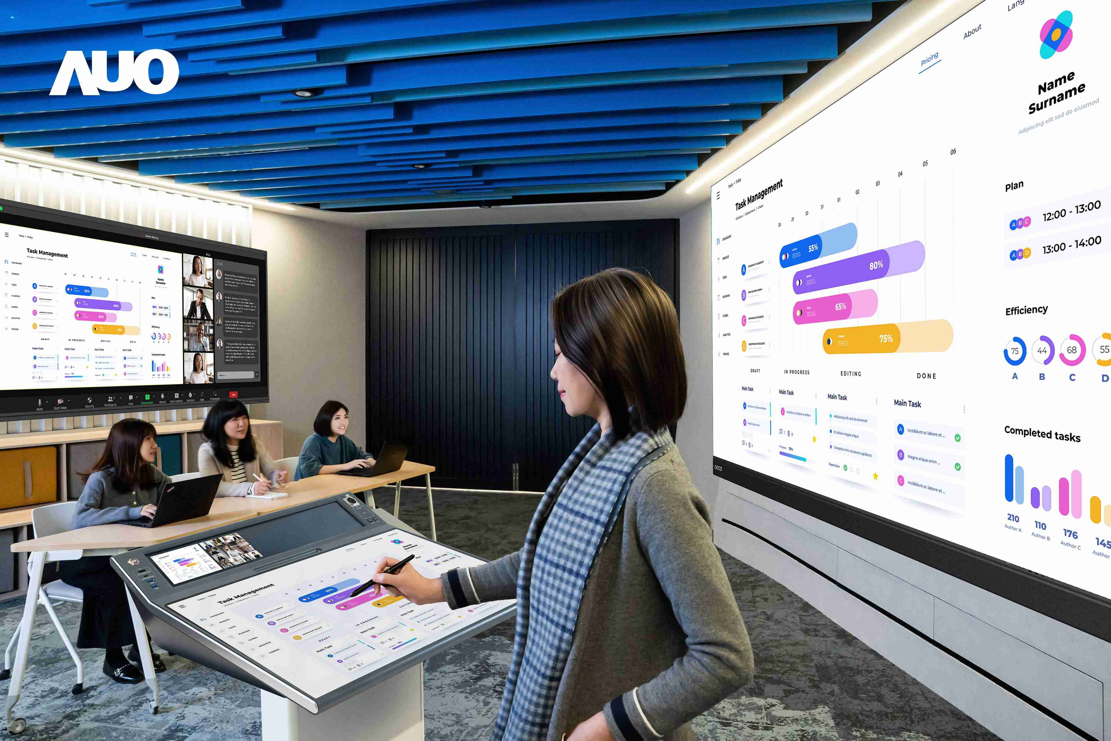 达擎携手Avocor与Rise Vision展示全方位商务领域应用，，包含采用模块化设计的138吋一体式All-in-One LED显示器及具21:9超宽比例的92吋交互式电子白板（IFPD），，，讲者可轻松分享内容，，，有效提升会议协作效率。。。。